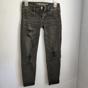 American Eagle Size 00 Low Cut Black Ash Stretchy Ripped Jeans